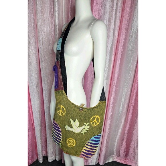Peace Dove Flower Hippie Bohemian Hobo Green Canvas Purse Made In Nepal 15x15 - Picture 2 of 8